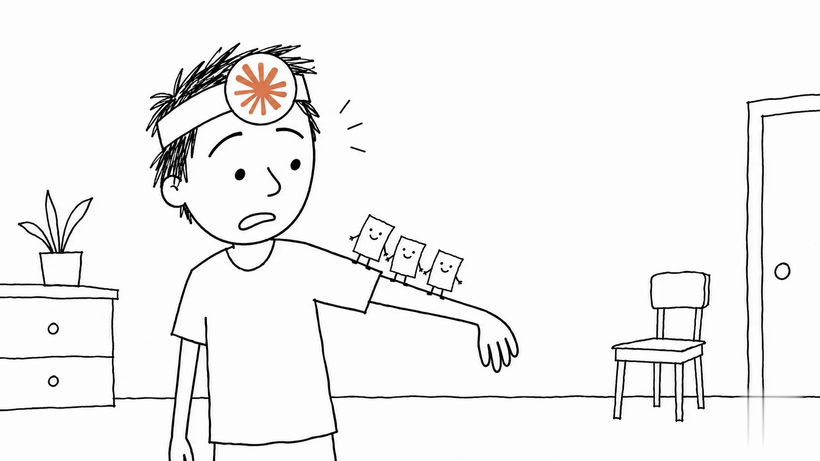 헝클어진 머리의 사람이 소매 위에 줄 선 작은 귀여운 생물 셋을 보고 당황합니다.