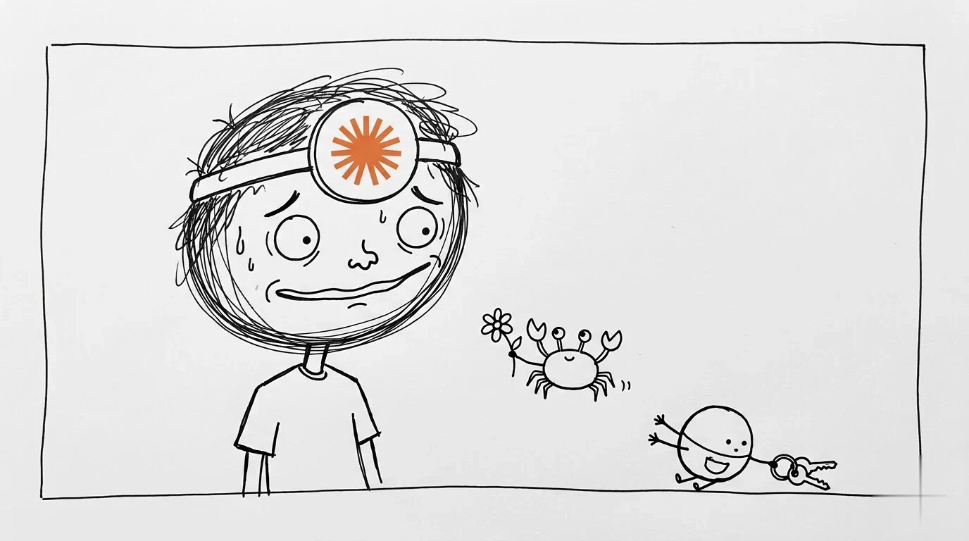 당황한 사람이 꽃을 든 작은 게와 열쇠고리에 다가가는 작은 도우미를 봅니다.