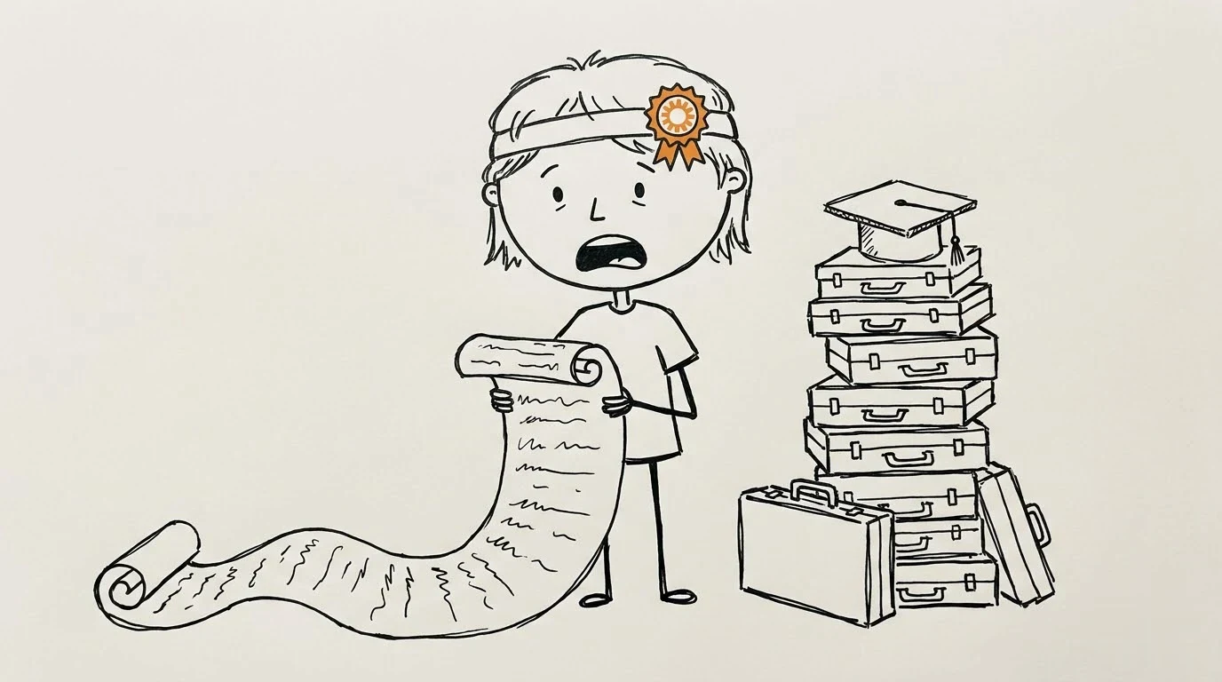 A shocked person reads a long scroll while a graduation cap sits on a stack of briefcases.