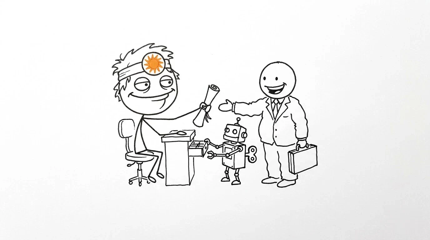 A smug person hands a diploma to a suited figure while a small robot offers a handshake.