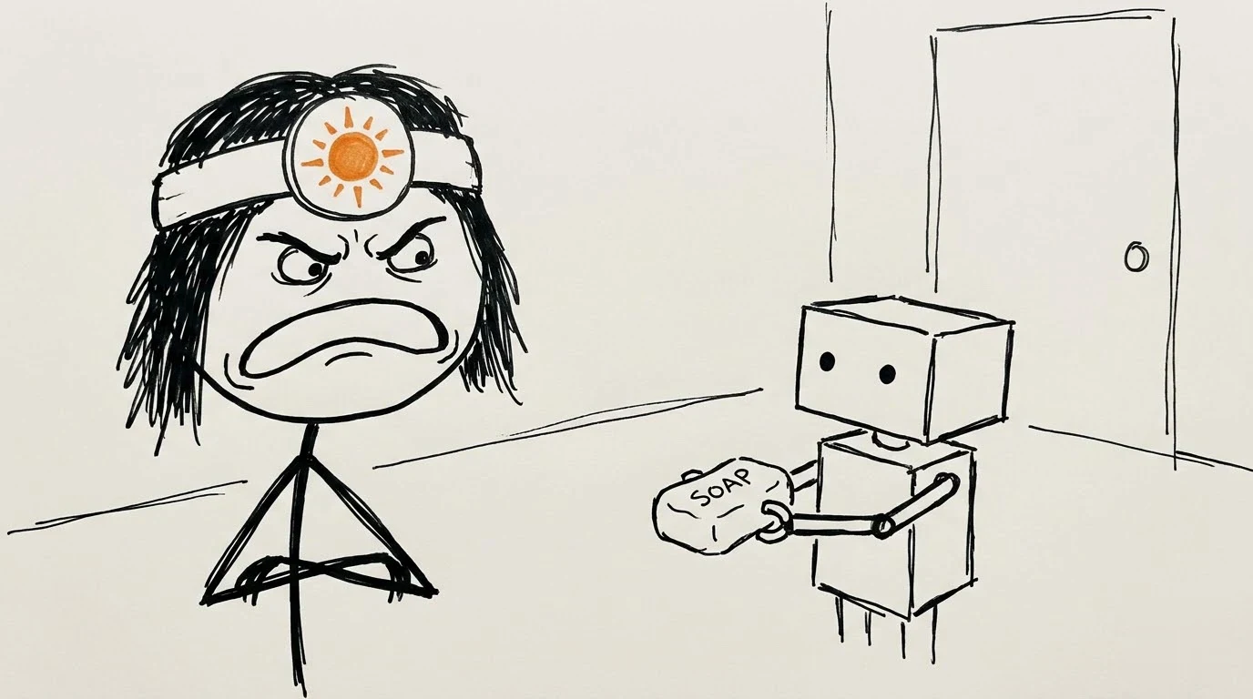 A furious messy-haired person scolds a robot that calmly offers them a bar of soap.