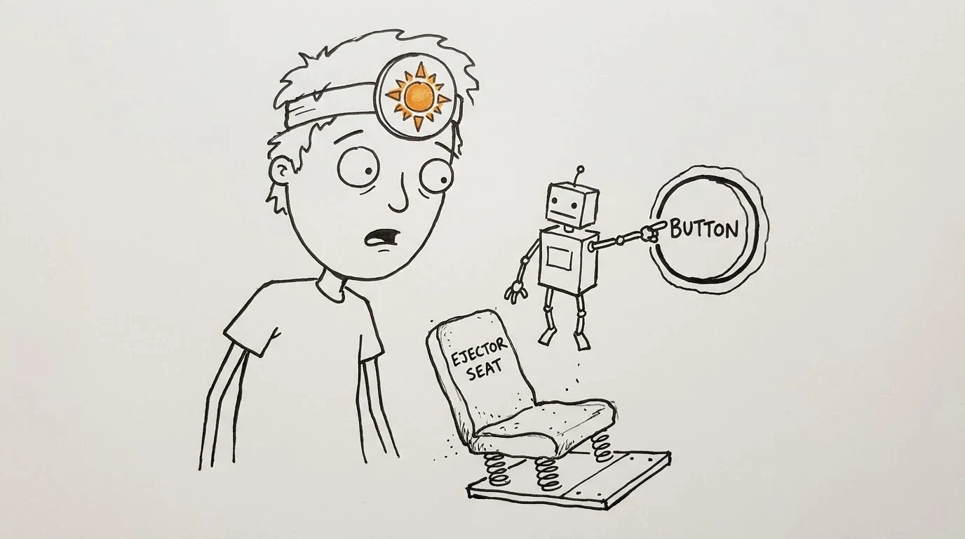 A startled messy-haired person sits on an ejector seat as a robot hovers over a red button.