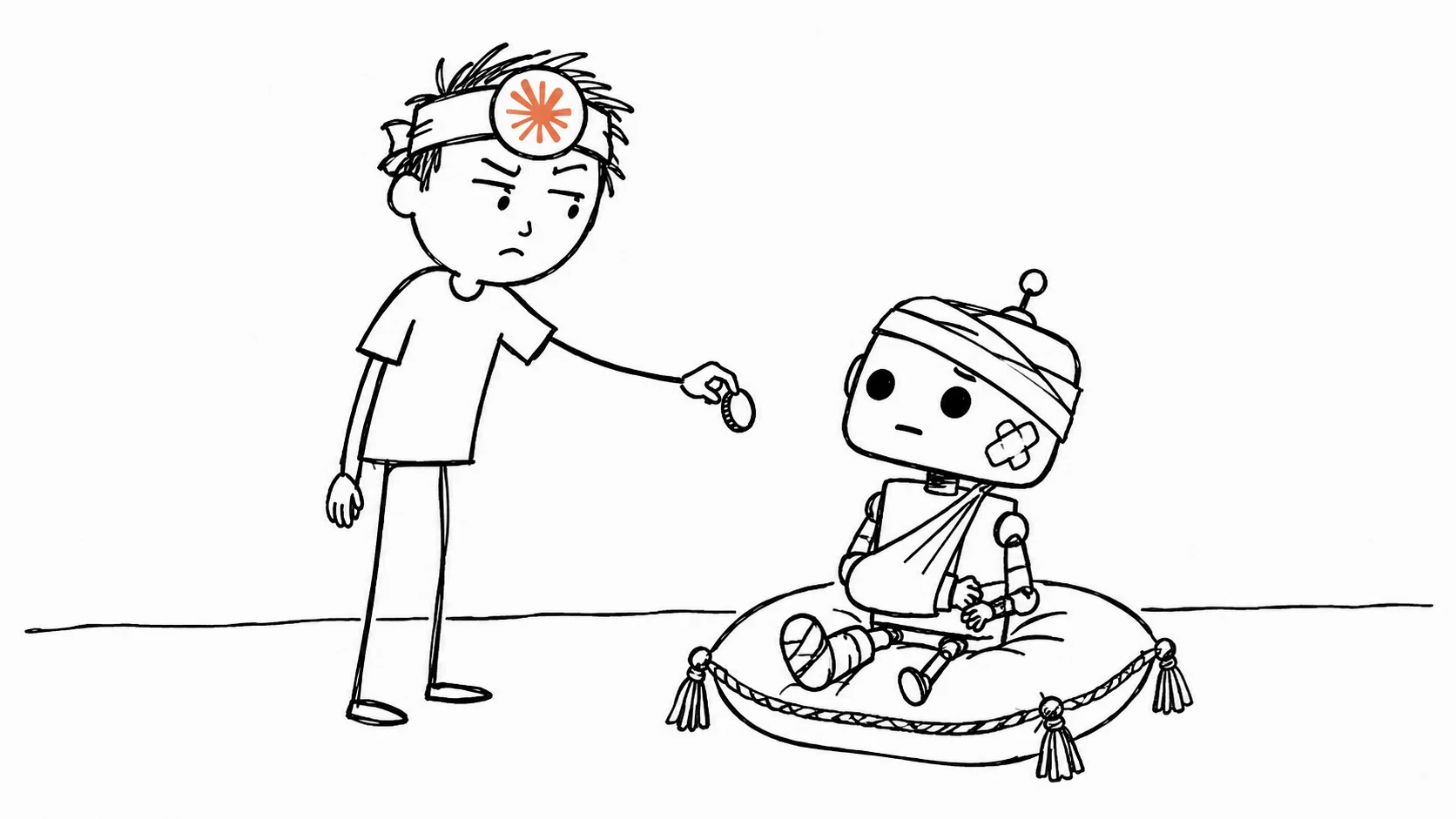 헝클어진 머리의 사람이 방석에 앉은 붕대 감은 로봇에게 동전을 내밀며 의심합니다.