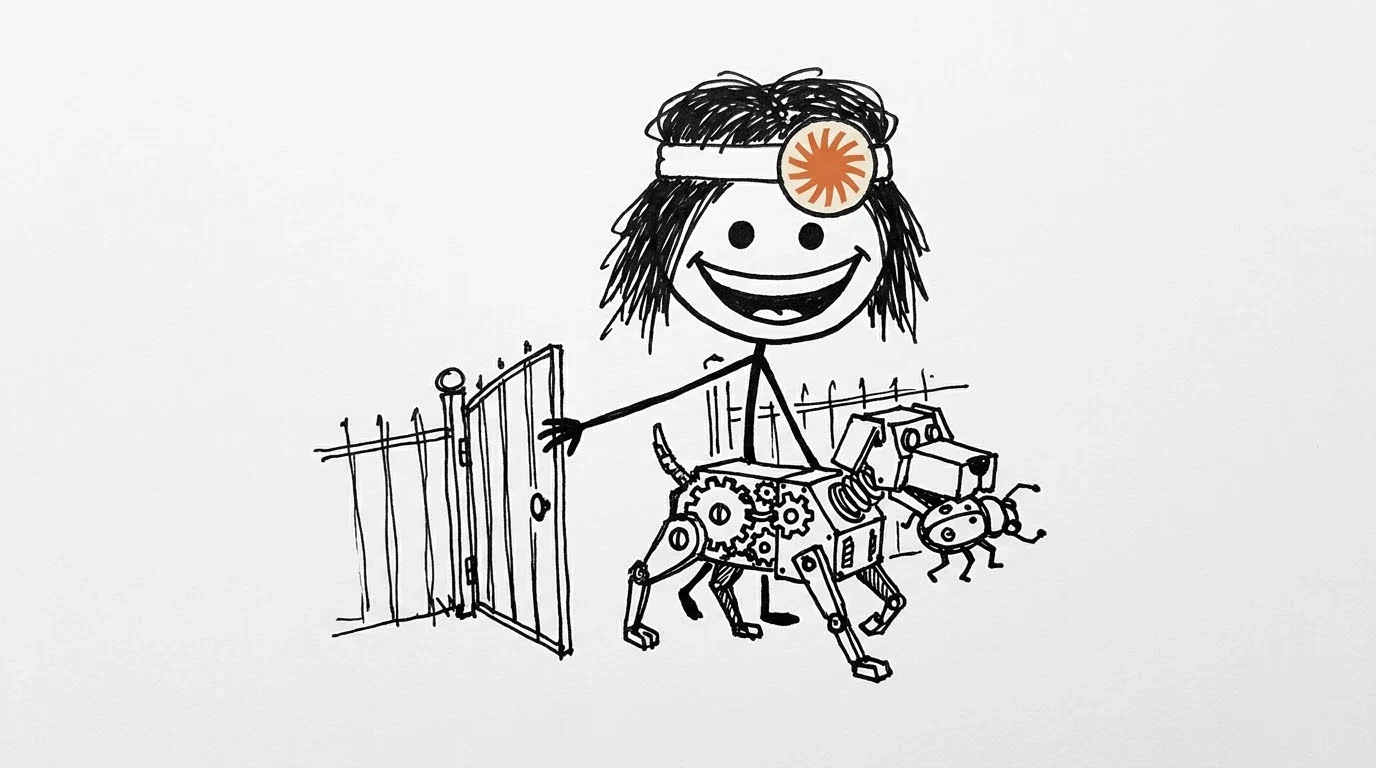 A delighted messy-haired person releases a clockwork hound carrying a mechanical beetle.