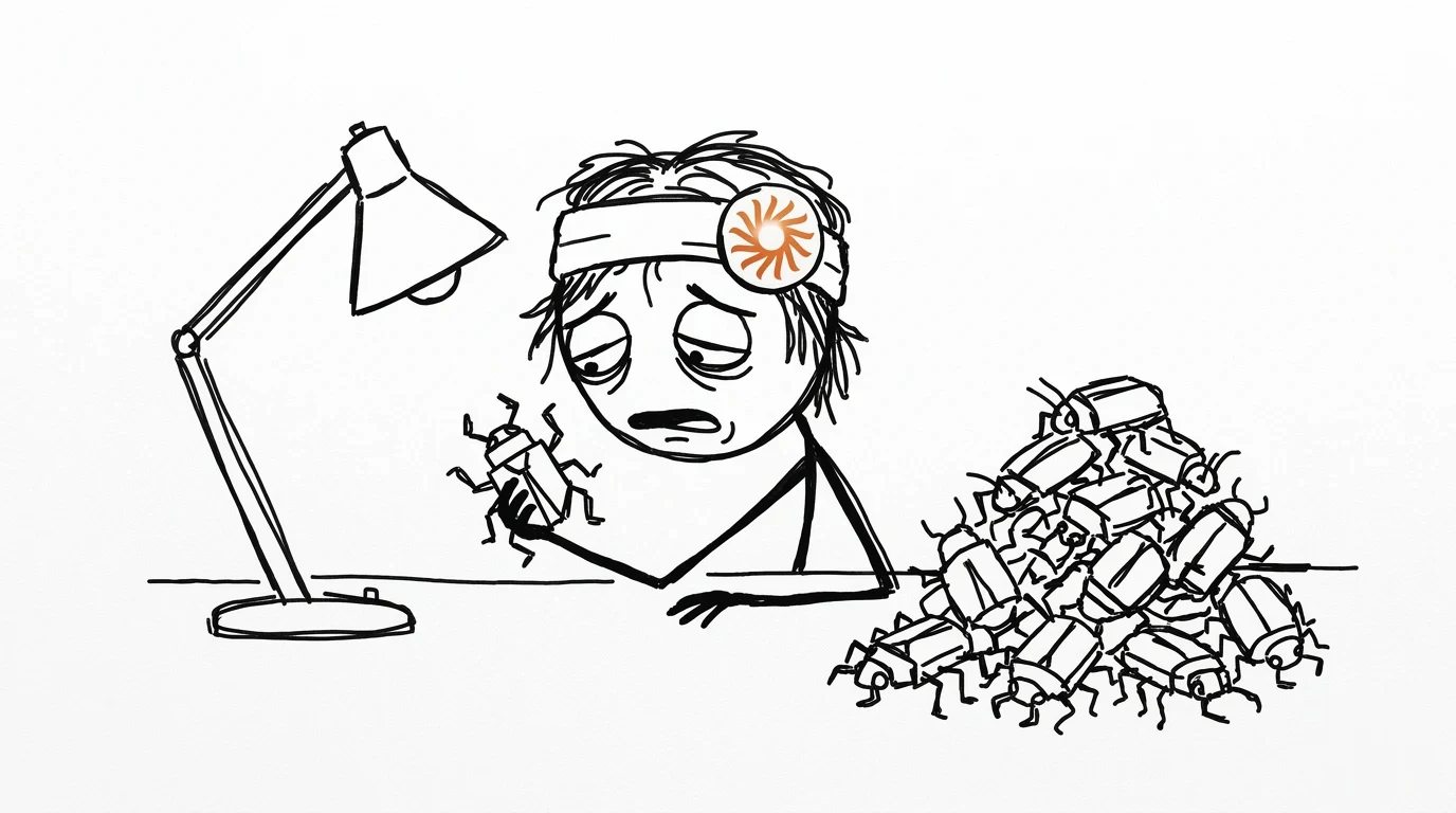 An exhausted messy-haired person checks mechanical beetles individually under a desk lamp.