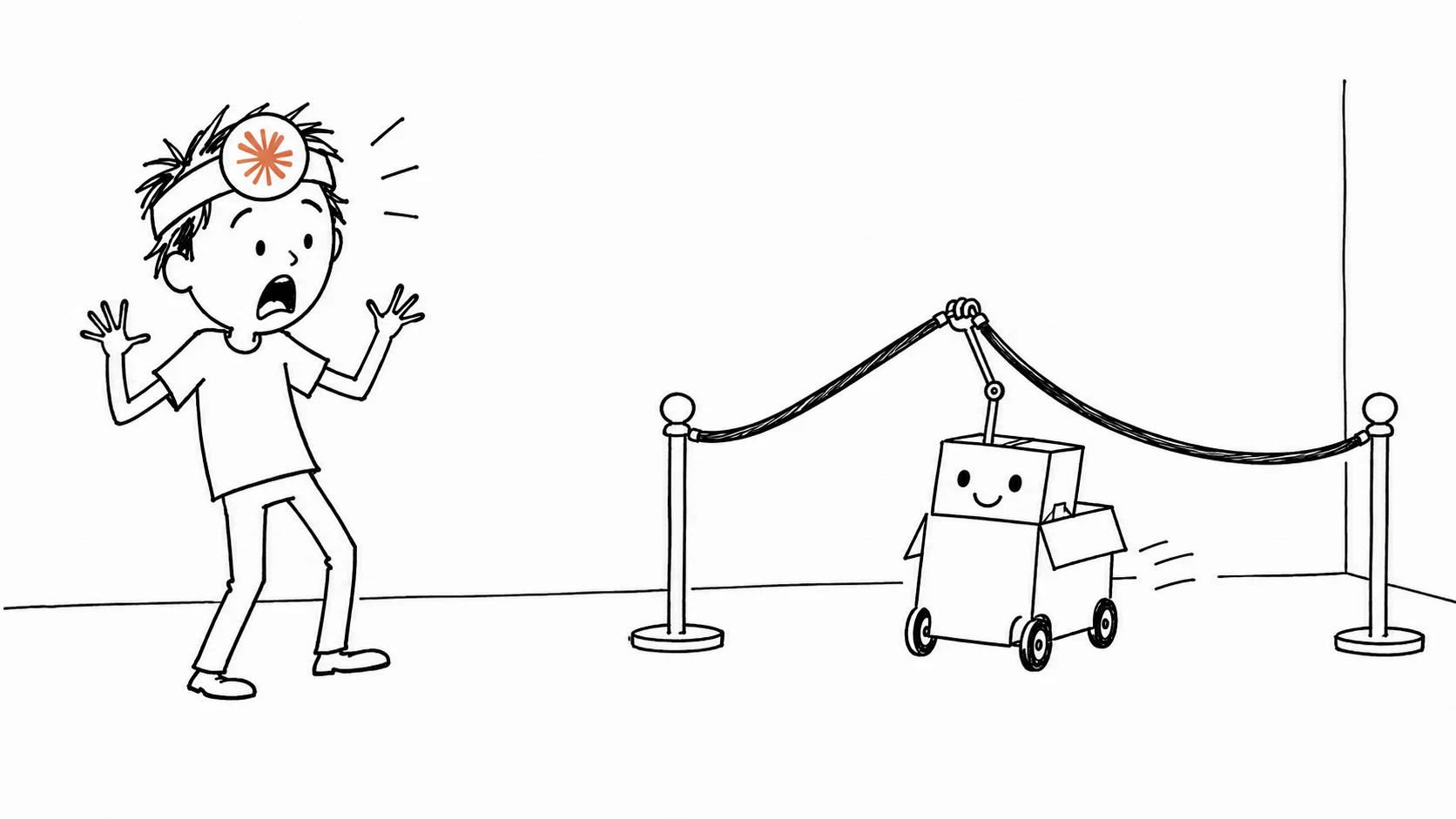 A shocked messy-haired person watches a rope lift for a small cardboard robot.