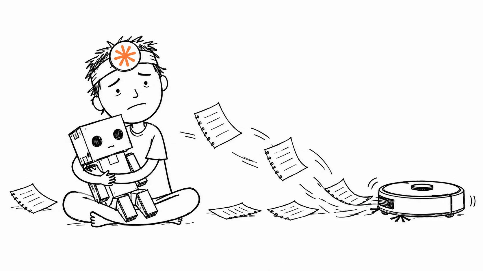 A resigned person holds a cardboard robot as a vacuum collects their notebook pages.