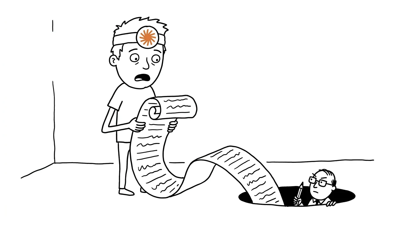 A shocked person holds a giant unrolled paper bill that trails into a hole, with a tiny accountant peeking out.