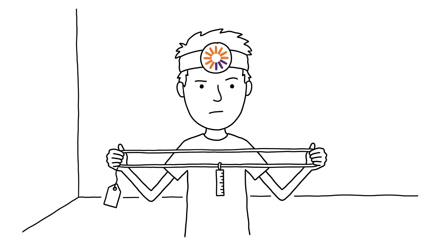 A wary person stretches a rubber band with a measuring ruler on it while a small tag hangs still from one hand.