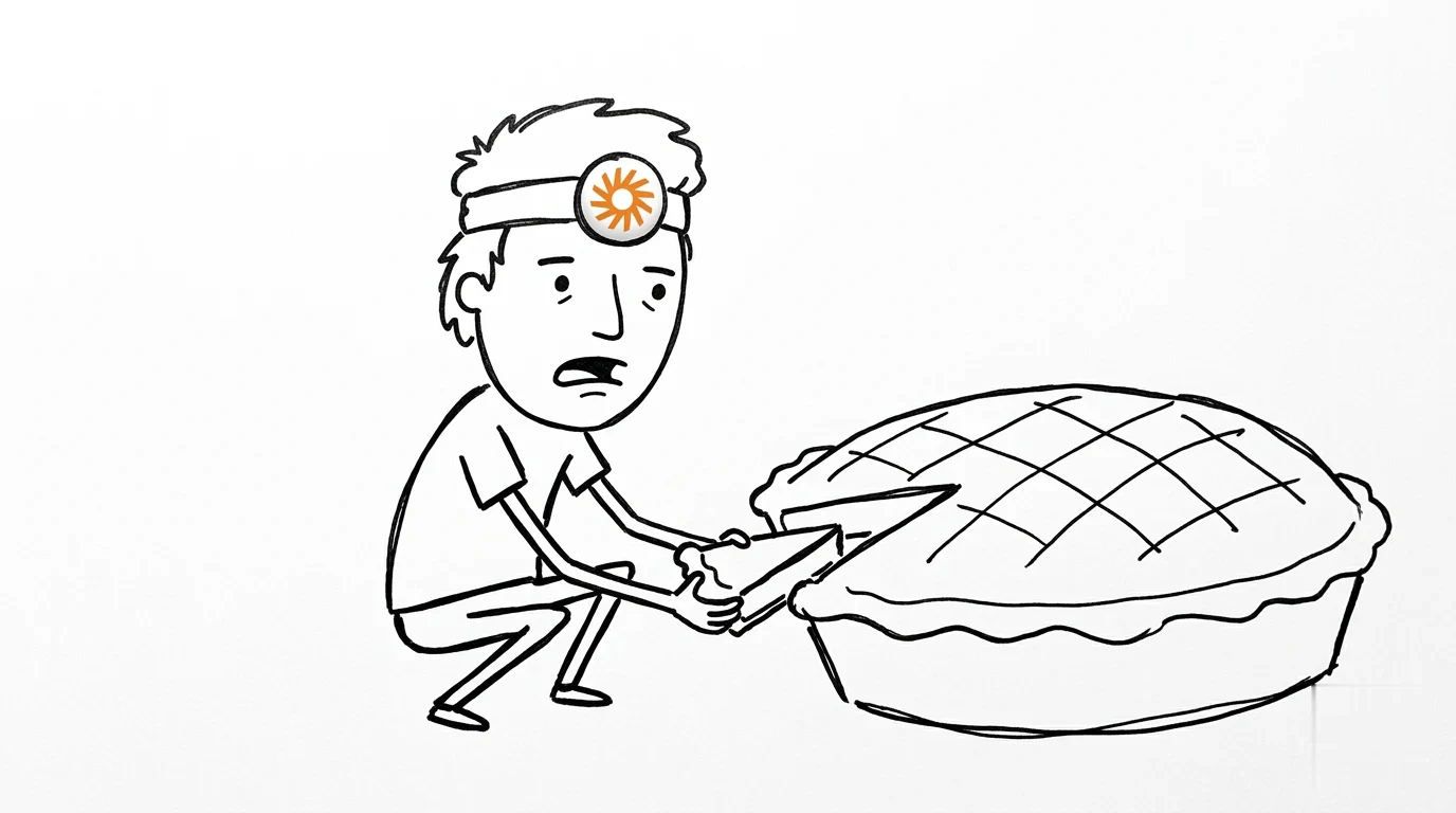 A baffled person with messy hair tries to lift a tiny sliver beside an enormous pie.