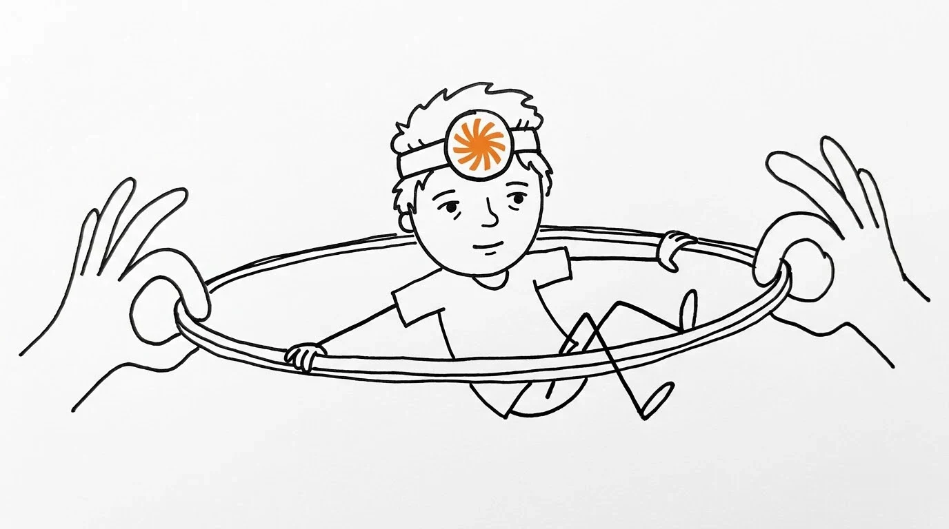 A relieved person with messy hair uncurls as enormous hands widen an elastic hoop around them.