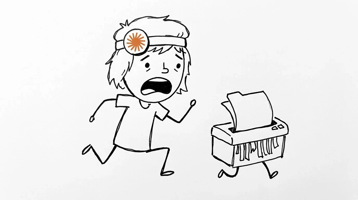 A panicking person chases a walking paper shredder swallowing a blank file folder.