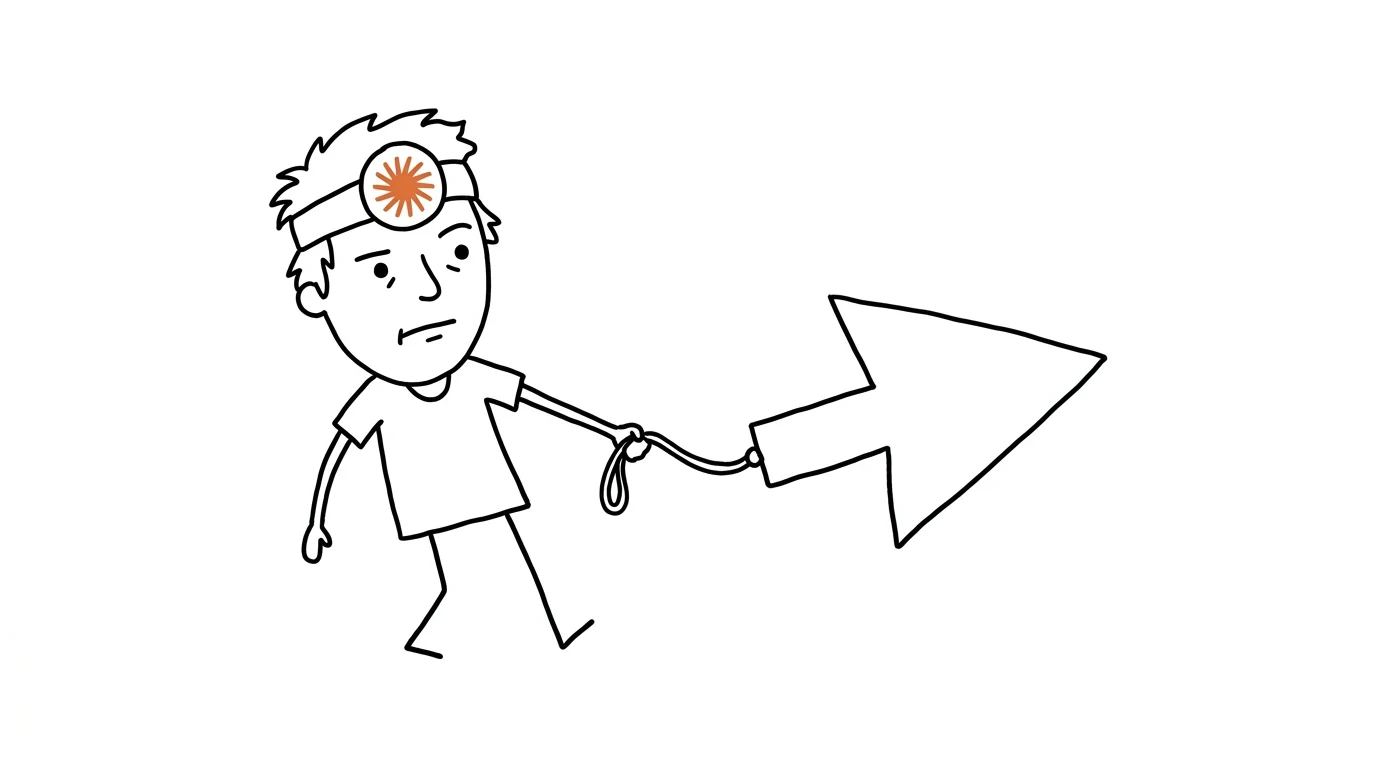 A wary person holds a short leash attached to a giant cursor arrow pulling ahead.
