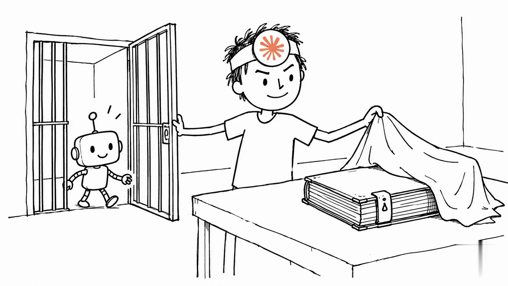 헝클어진 머리의 사람이 로봇에게 문을 열고 가려진 심사 장부를 드러냅니다.