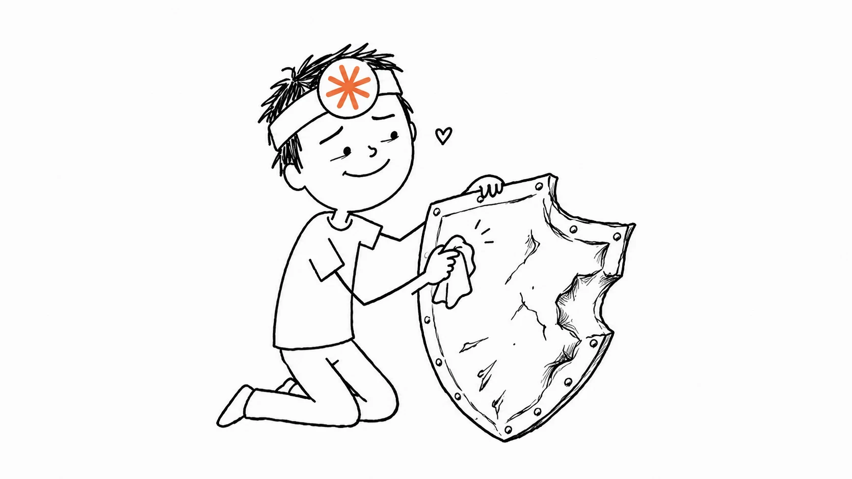 헝클어진 머리의 사람이 만족스러운 표정으로 깊게 찌그러진 방패를 작은 천으로 정성껏 닦습니다.
