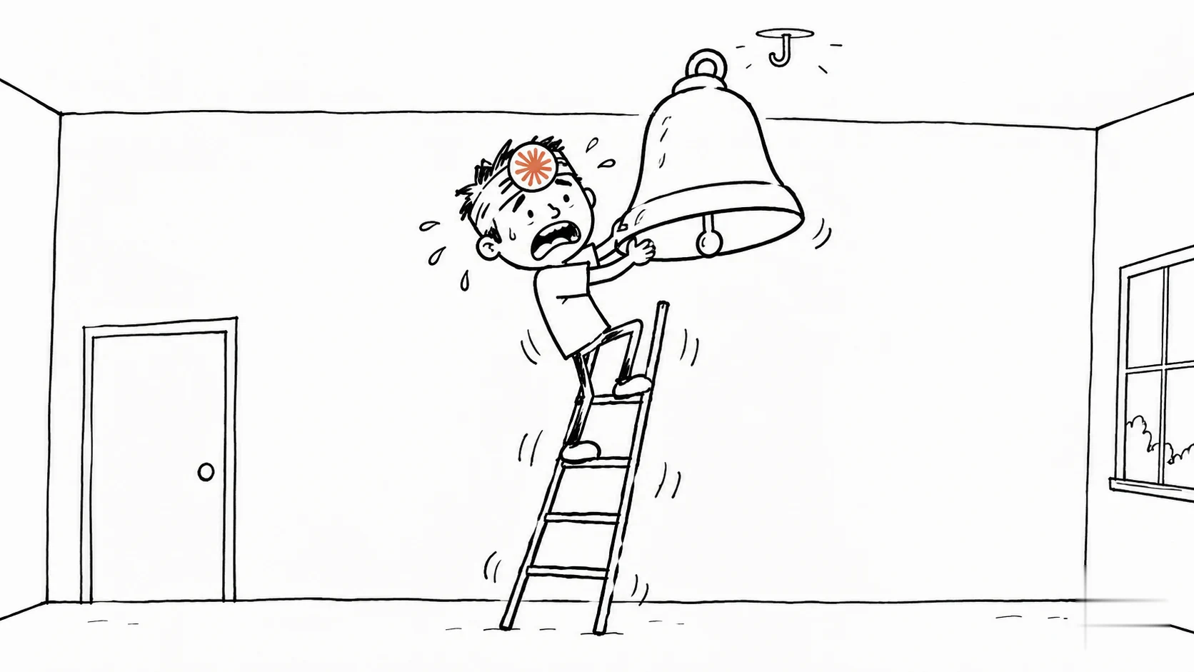 헝클어진 머리의 사람이 거대한 종을 들고 흔들리는 사다리를 오르며 당황합니다.