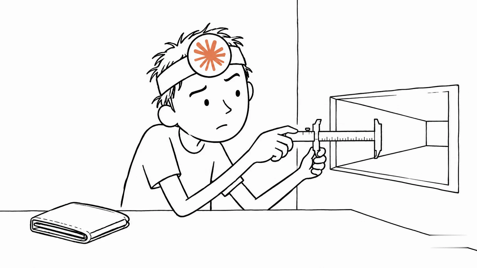 헝클어진 머리의 사람이 닫힌 지갑 옆에서 좁아진 서비스 투입구를 측정합니다.
