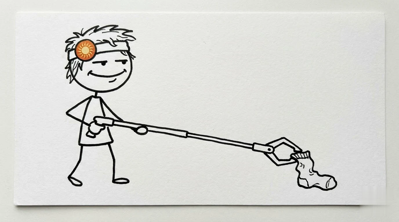 A satisfied person uses an absurdly long mechanical grabber to pick up a sock beside their foot.