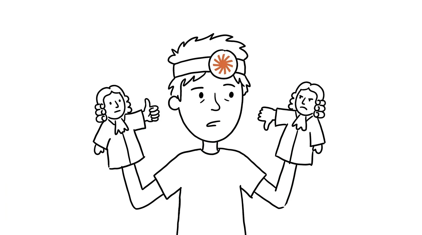A puzzled person holds two judge puppets giving opposite thumbs-up and thumbs-down gestures.