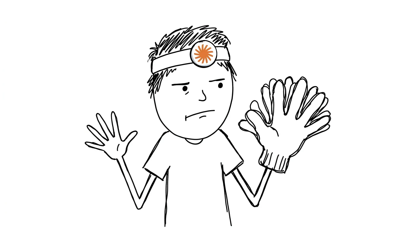 A skeptical person compares a knitted glove with too many fingers to their own spread hand.