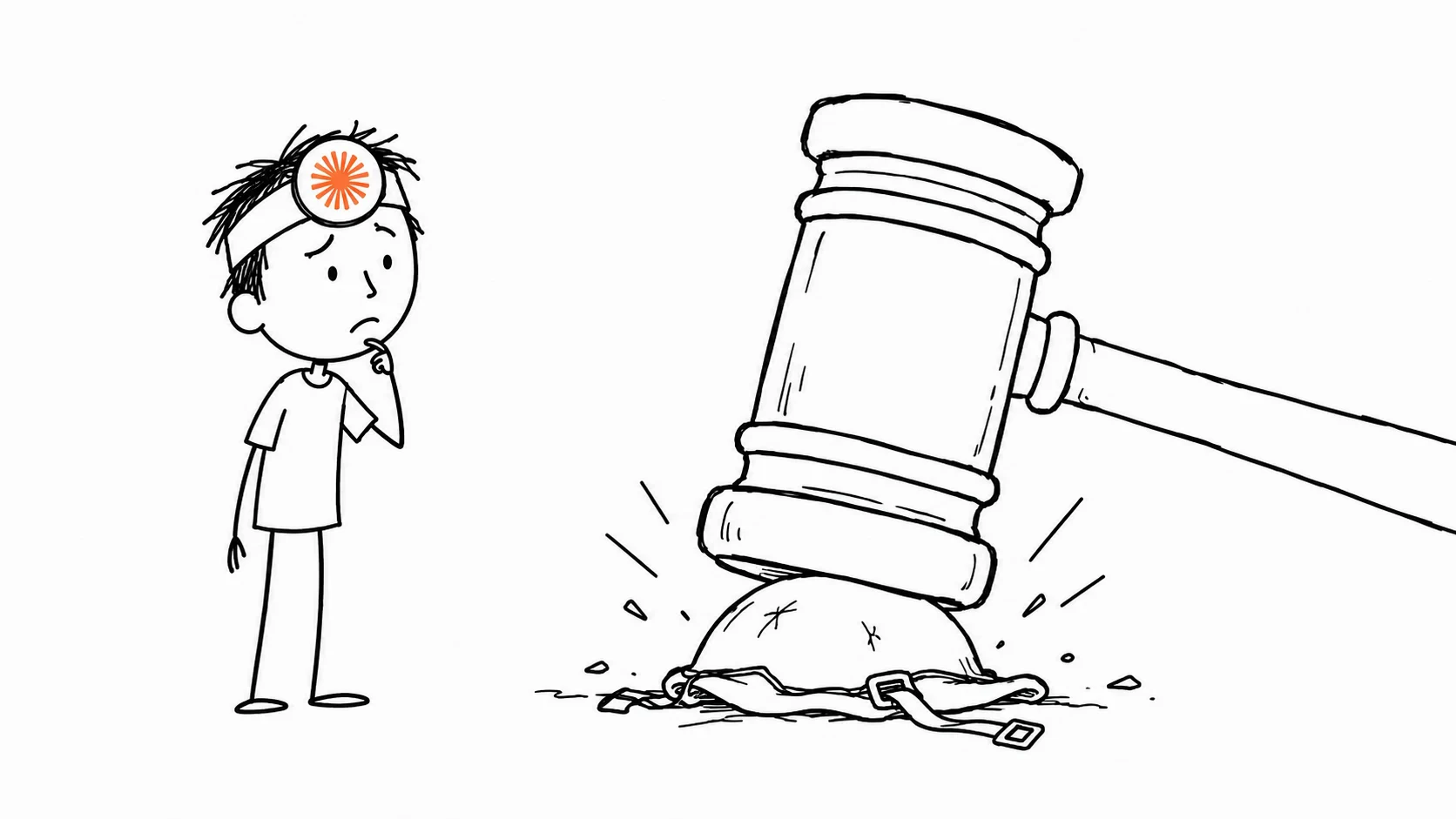 A puzzled person watches a giant judge's gavel flatten a military helmet.