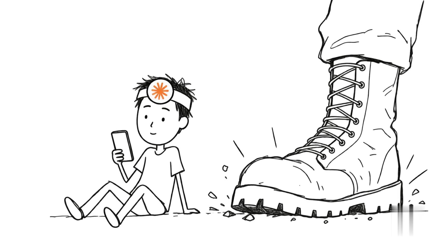A calm person uses a blank phone as an enormous military boot lands beside them.