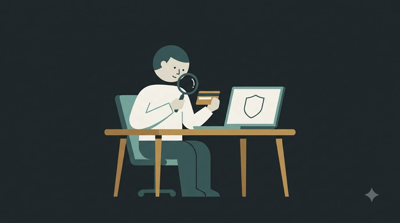 A person at a desk uses a magnifying glass to inspect a credit card near a laptop with a shield graphic.