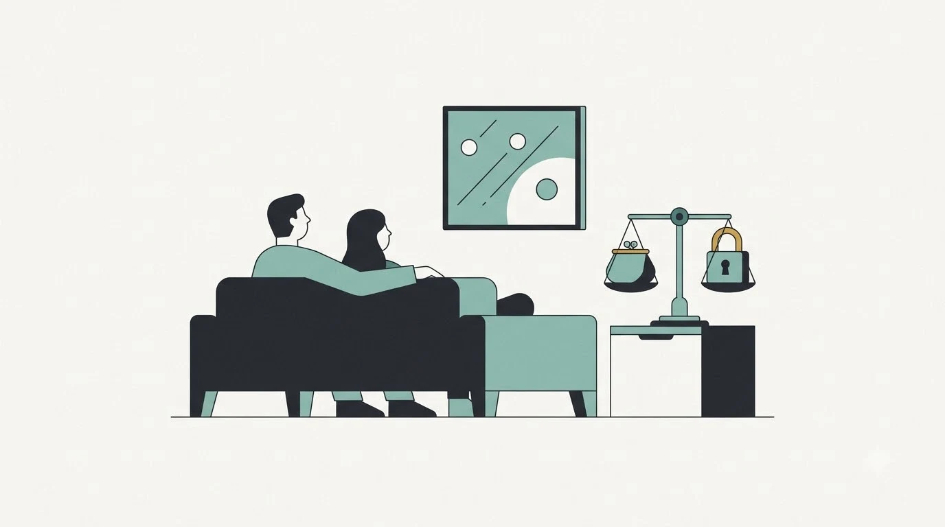 Two people sit on a sofa in front of a TV, next to a scale holding a coin pouch and a padlock.
