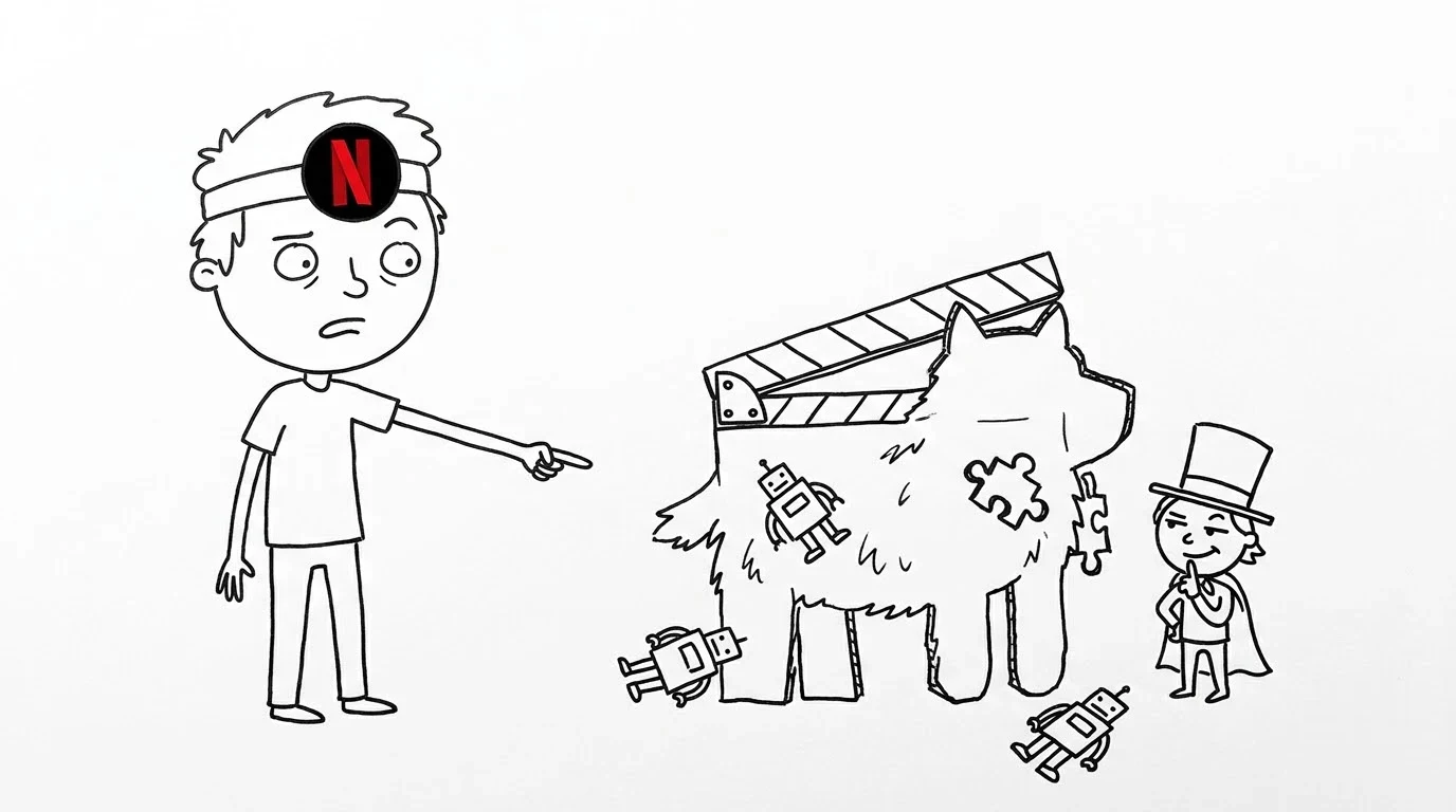 A person unrolls a long blank credits scroll as a small robot waves sheepishly at the end of it.