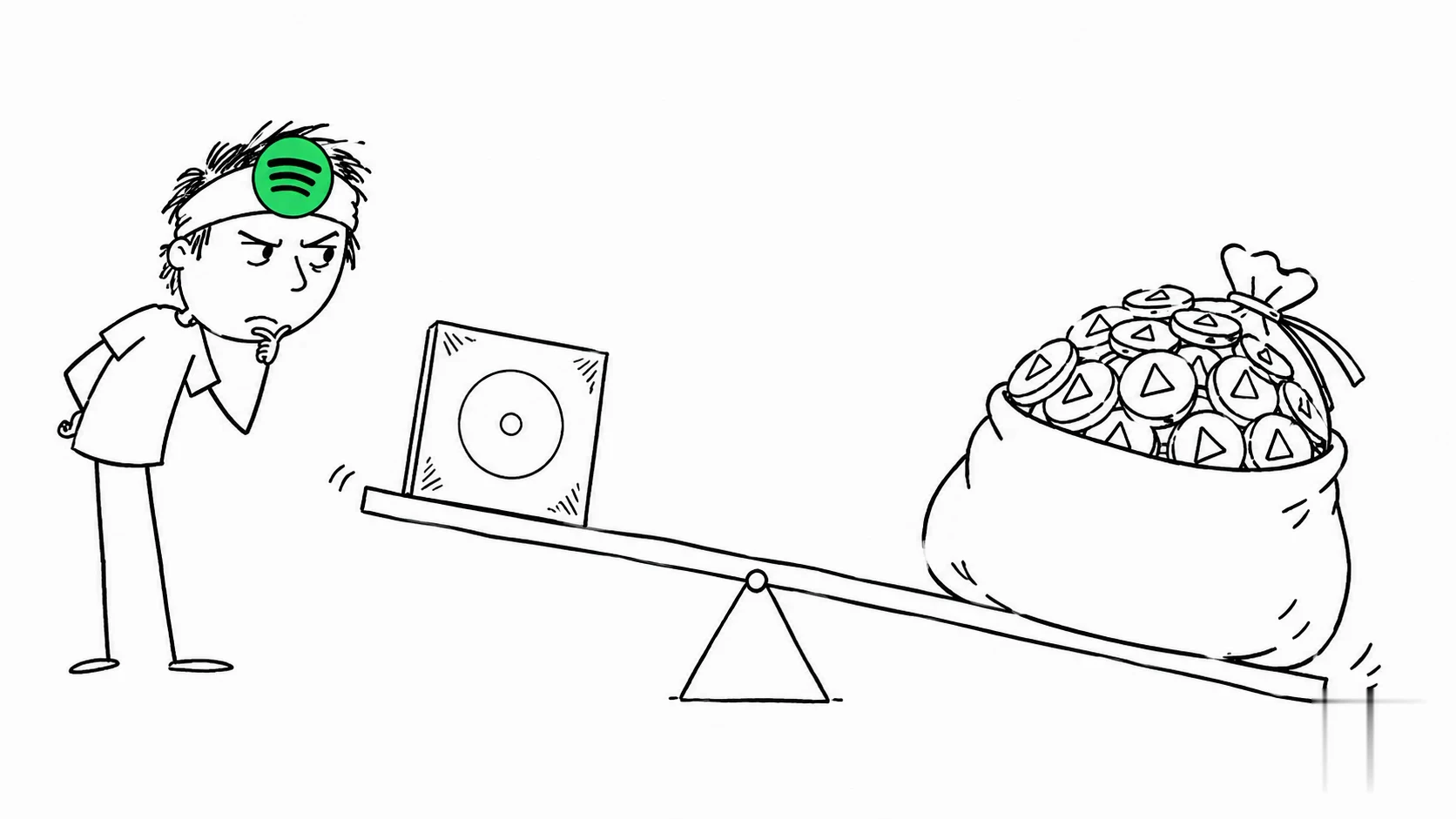A person watches one album balance a large sack of play tokens on a seesaw.