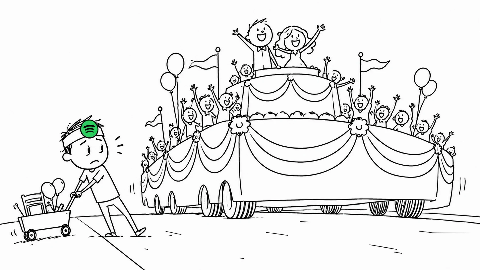 A person moves a small release cart aside for a huge reunion parade float.
