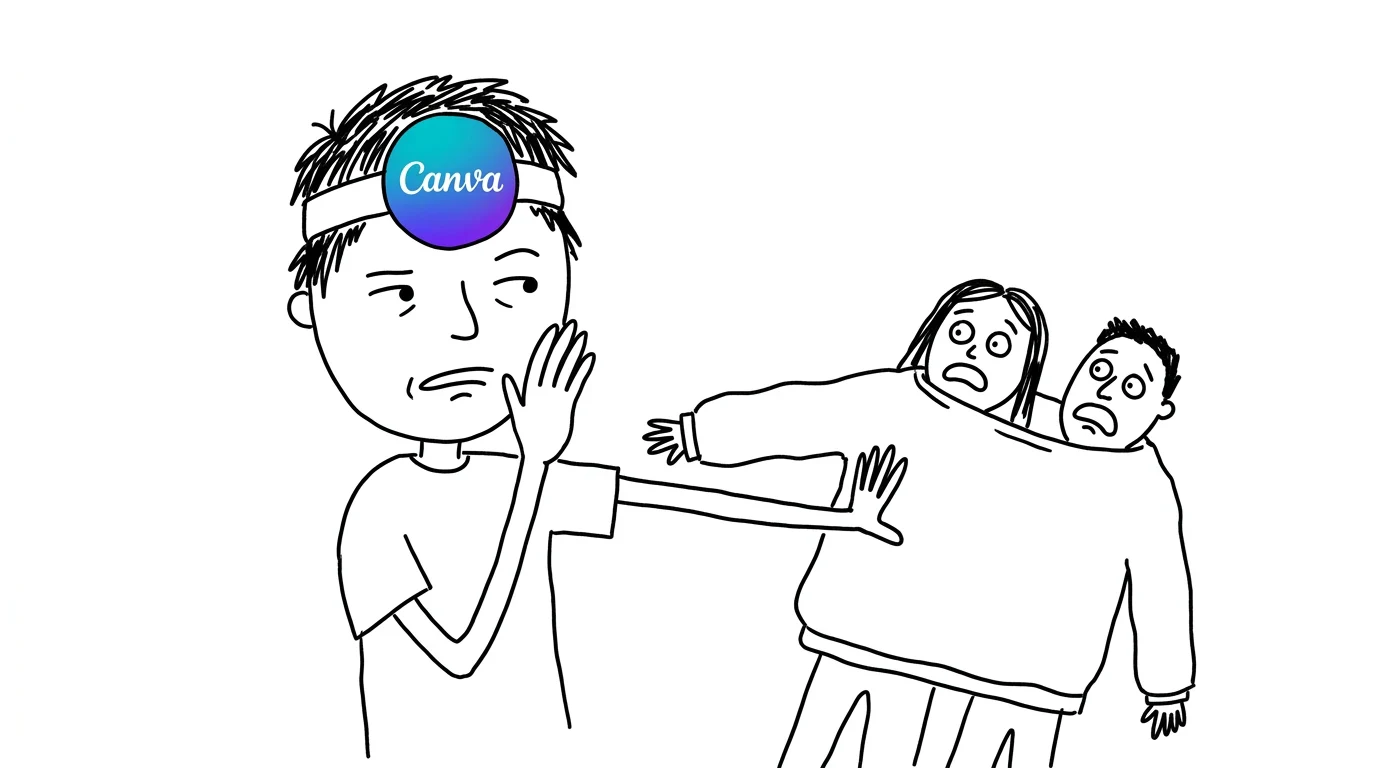 헝클어진 머리의 사람이 의아한 표정으로 입에 손을 대고, 두 사람이 함께 입은 커다란 스웨터를 밀어냅니다.