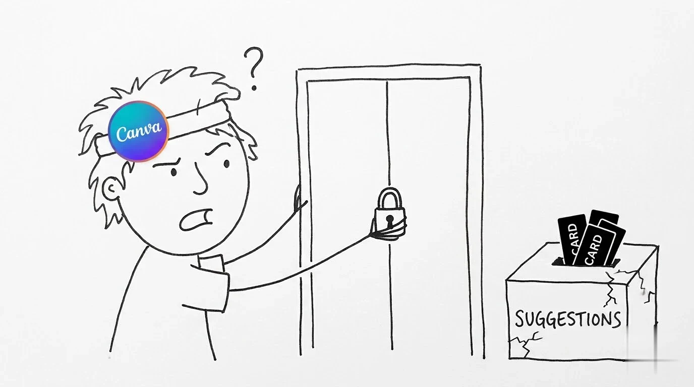 A puzzled person finds an intact cabinet beside a cracked suggestion box leaking contact cards.