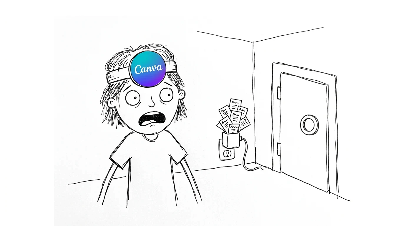 A panicking person watches file cards leak from an adapter beside a secure vault.