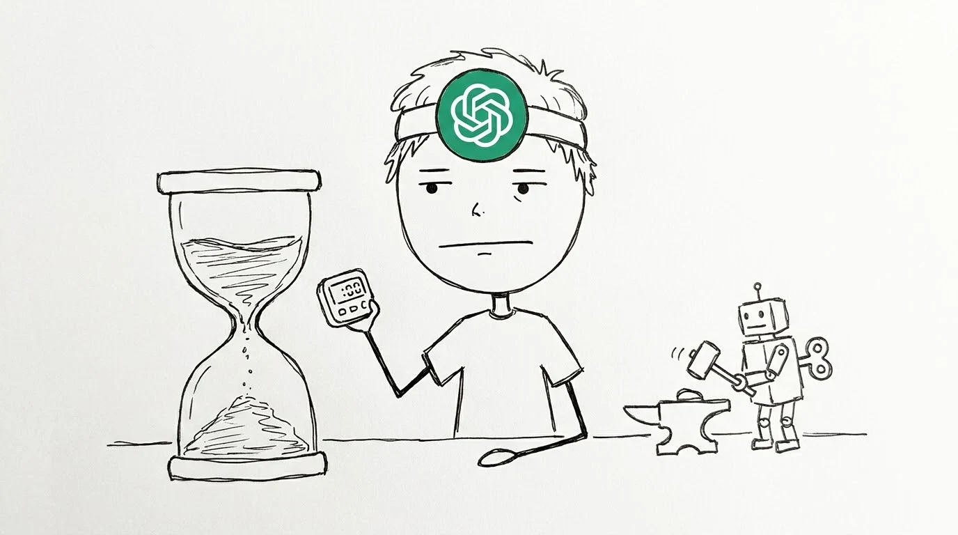 A bored person waits beside a huge hourglass while a small robot works very slowly.