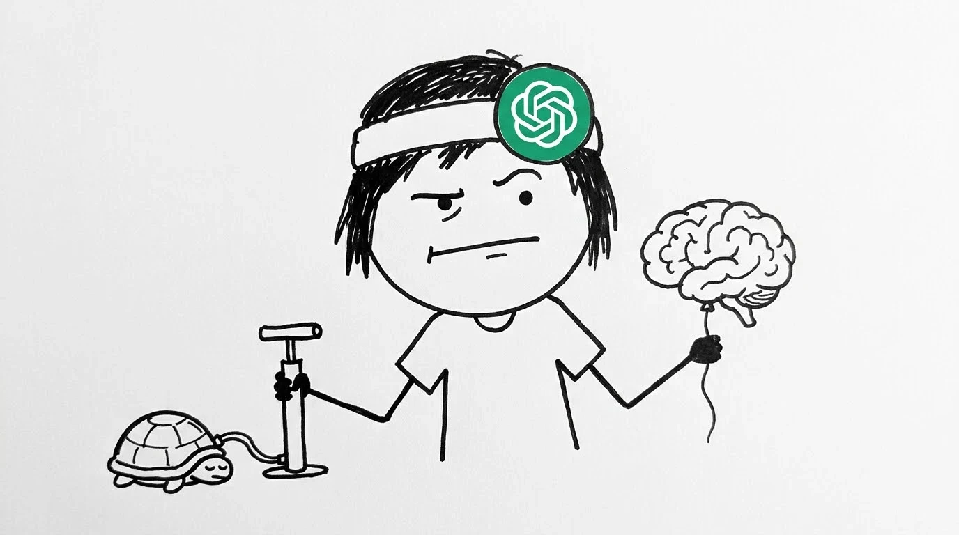 A skeptical person weighs a tortoise being pumped up against a brain-shaped balloon.