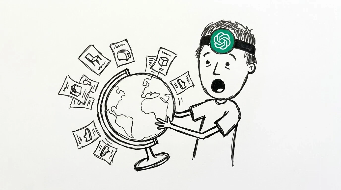 A shocked person spins a globe sprouting product leaflets.