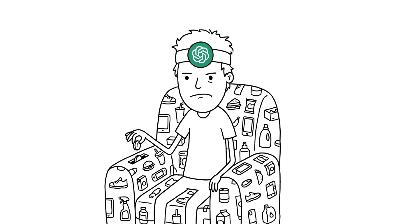 An annoyed person pays to sit in an armchair covered in product drawings.