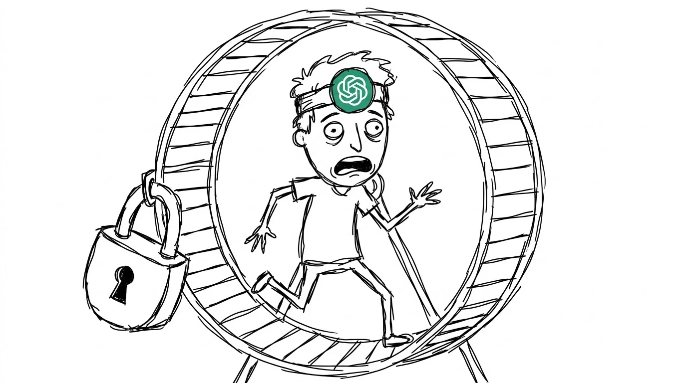 An exhausted person runs inside a hamster wheel secured by an enormous padlock.