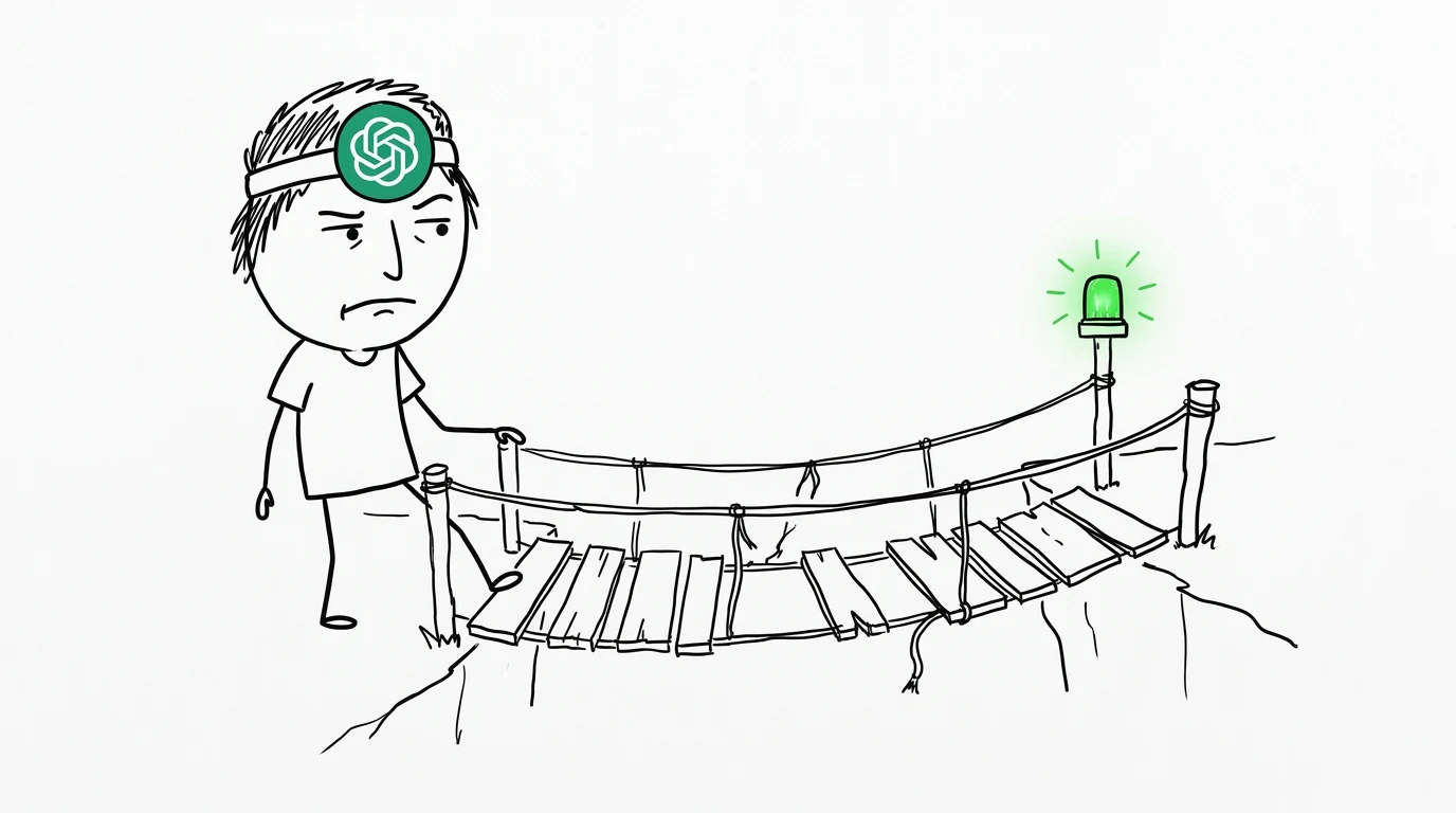 A skeptical person tests a broken footbridge beneath a green signal lamp.