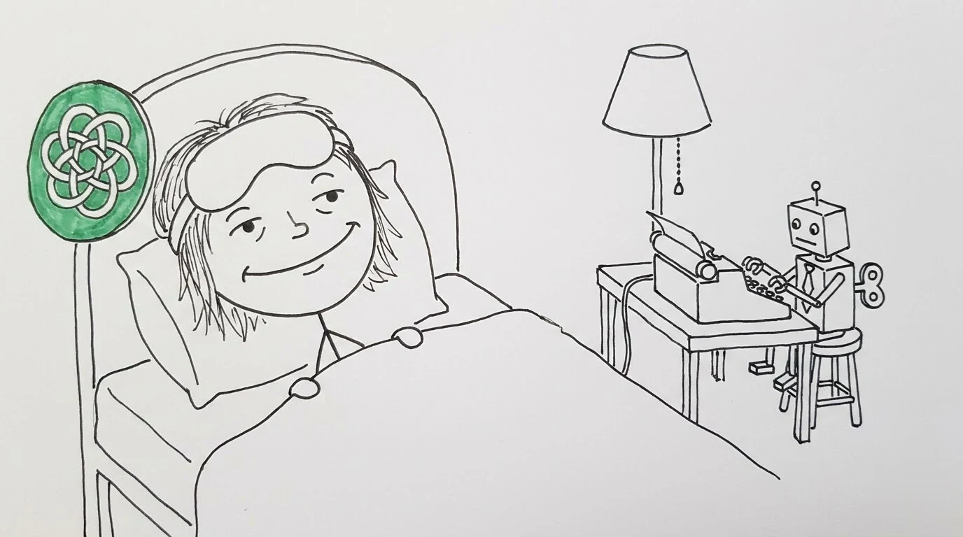 침대에 누운 사람이 느긋하게 웃고, 작은 로봇이 옆 책상에서 밤새 타자기를 치는 모습