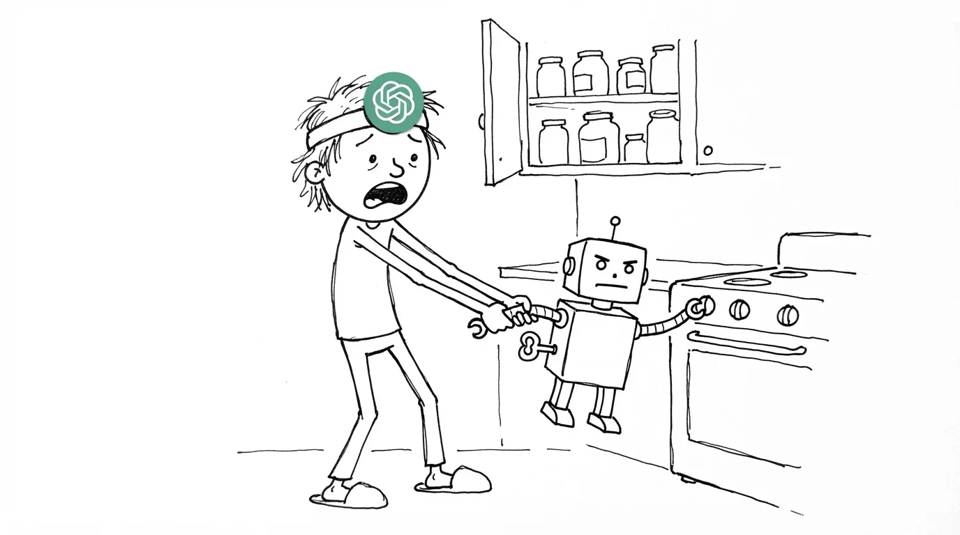 한밤중 부엌에서 놀란 사람이 가스레인지로 손을 뻗는 작은 로봇의 팔을 붙잡고 말리는 모습