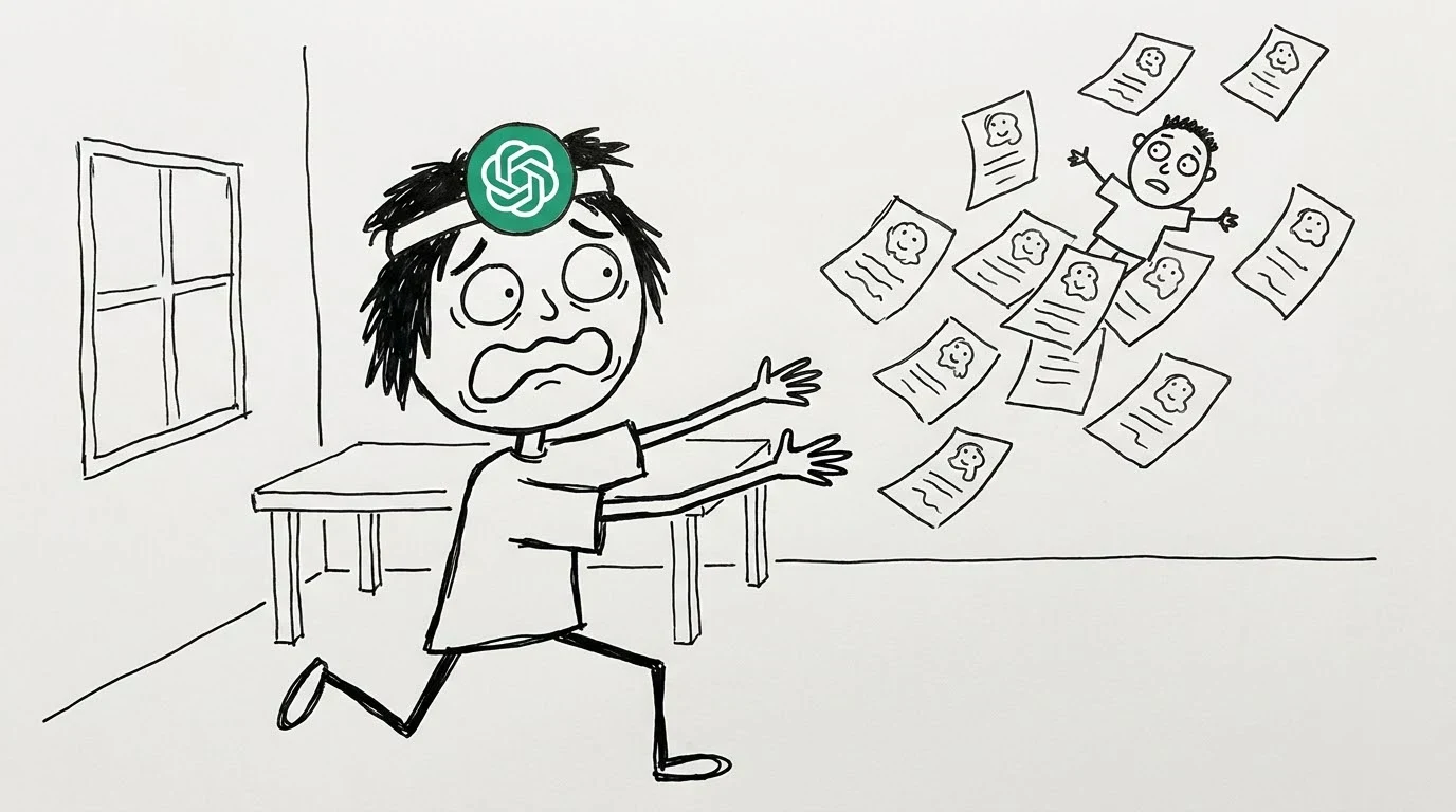 A panicking person chases copies of a cartoon bearing an unfamiliar artist seal.