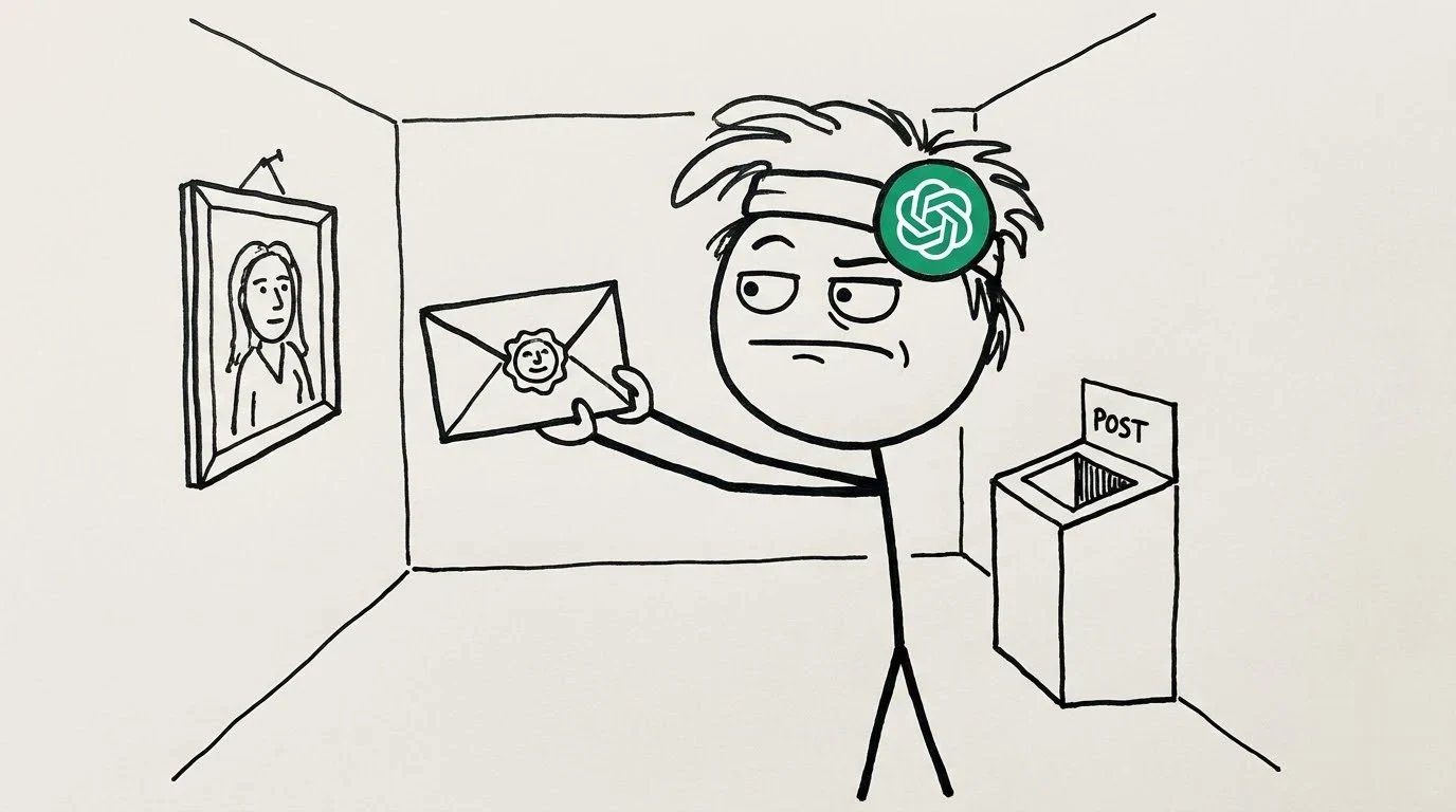 A skeptical person checks an artist seal before placing a cartoon in a posting chute.