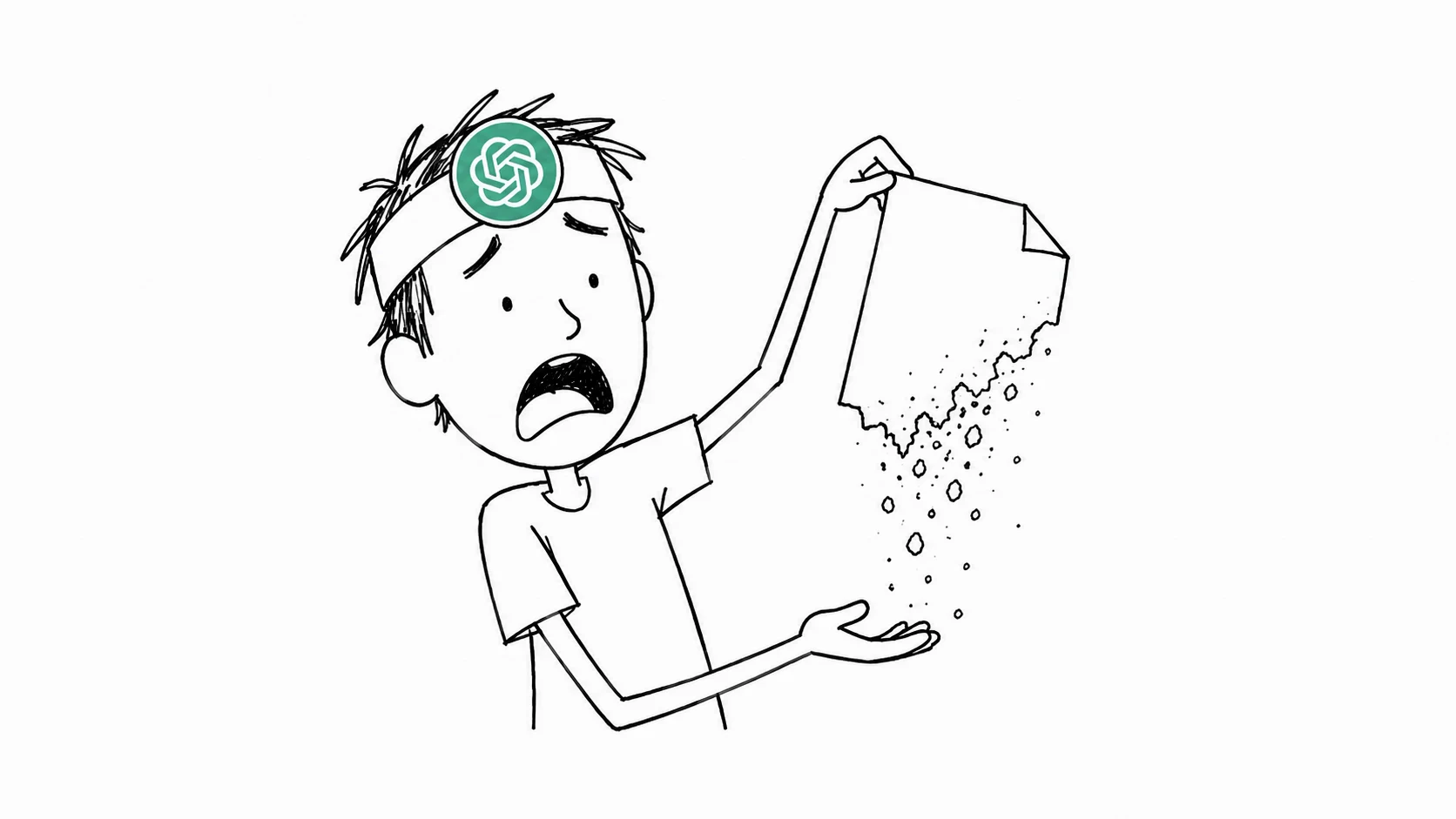 A messy-haired person looks alarmed as a blank sheet crumbles into dust above their palm.