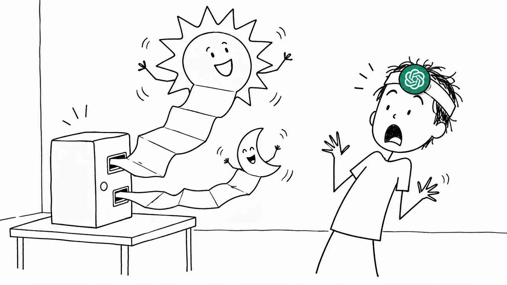 A shocked person receives different sun- and moon-shaped answers from one dispenser.