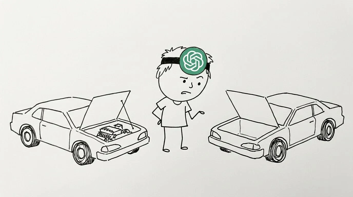 똑같이 생긴 두 장난감 자동차 중 하나만 엔진이 없는 것을 보고 어리둥절해하는 사람