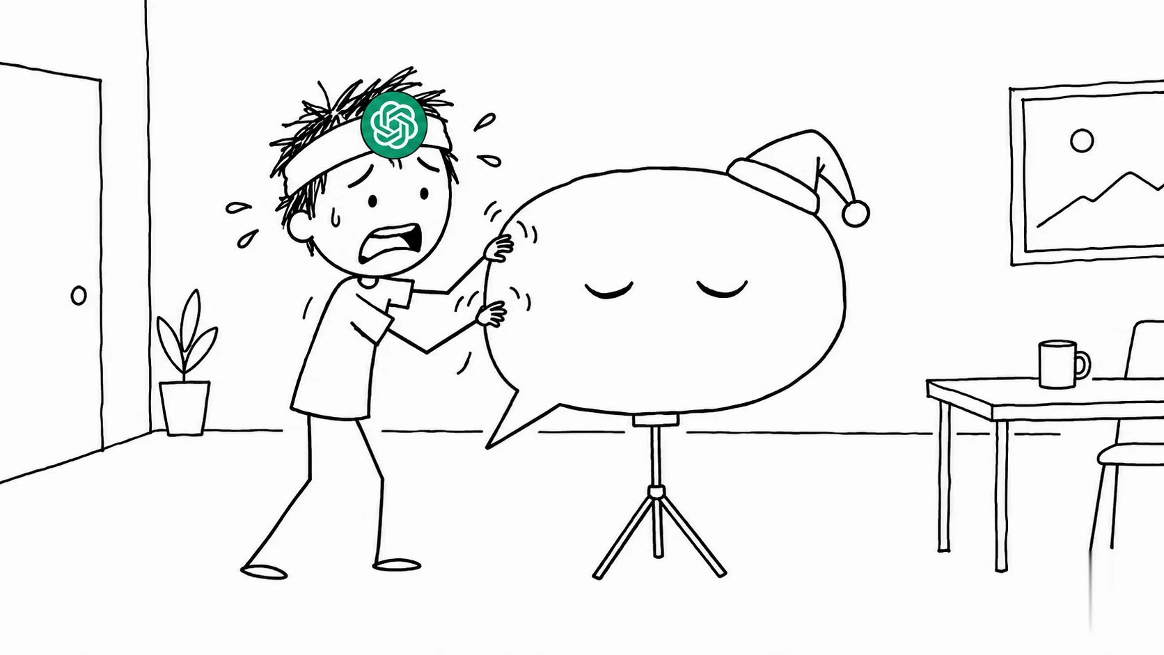 A panicking person taps a sleeping paper chat bubble wearing a tiny nightcap.