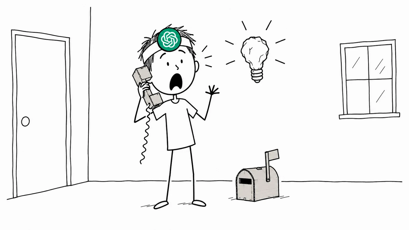 A shocked person holds a toy phone while a small mailbox with its flag up sits at their feet.