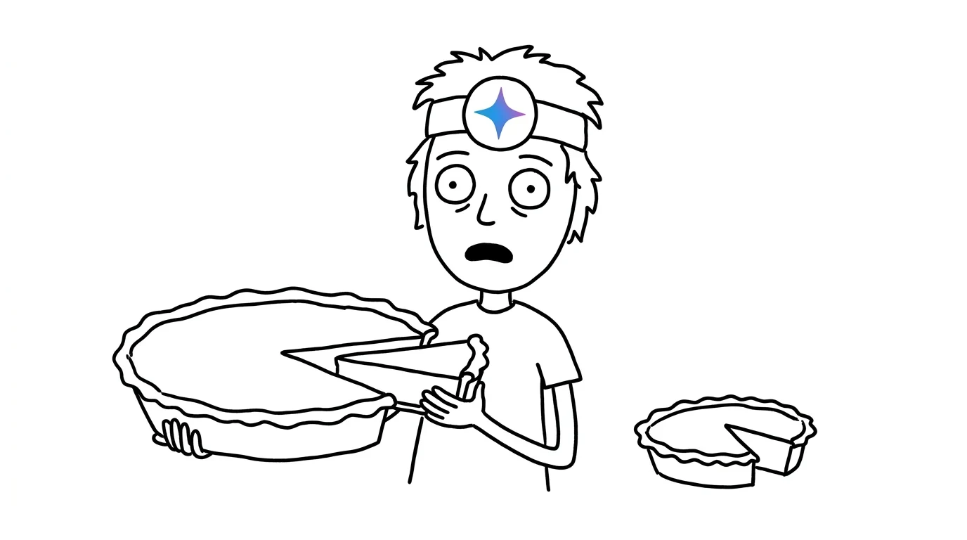 A shocked person carries a pie slice that dwarfs a miniature pie beside them.